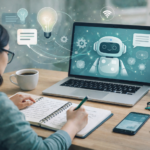 image of woman working at computer and taking notes, while AI offers suggestions