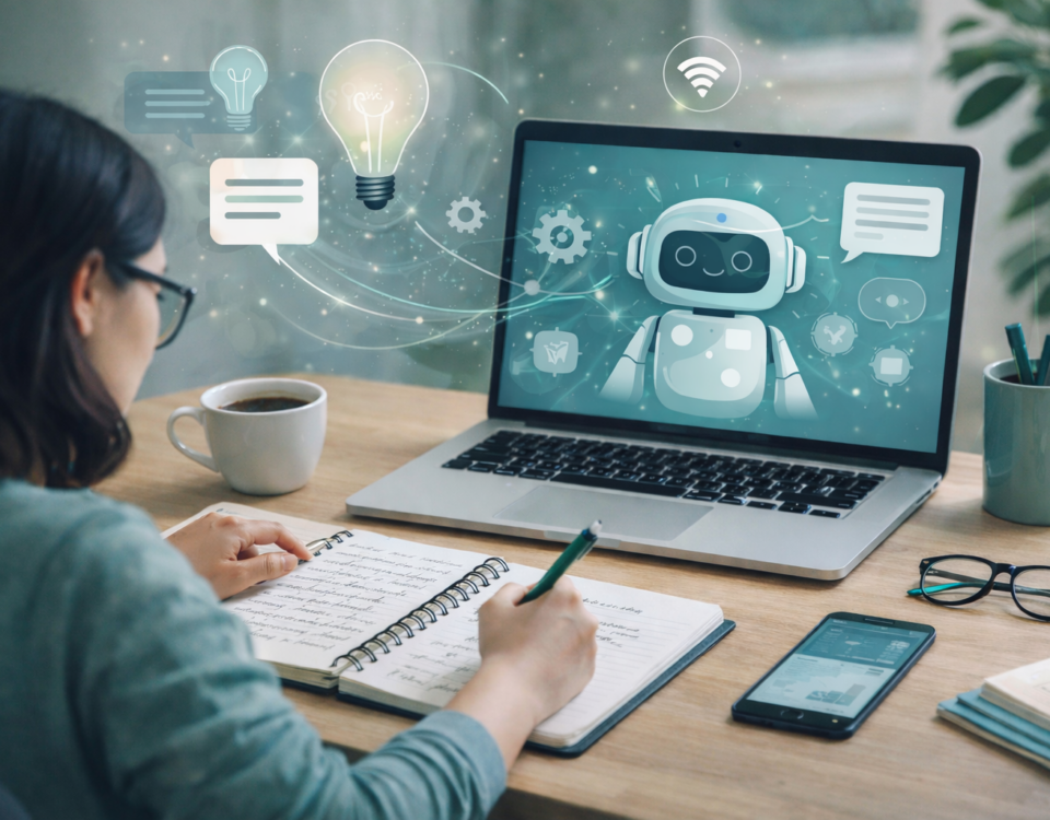 image of woman working at computer and taking notes, while AI offers suggestions