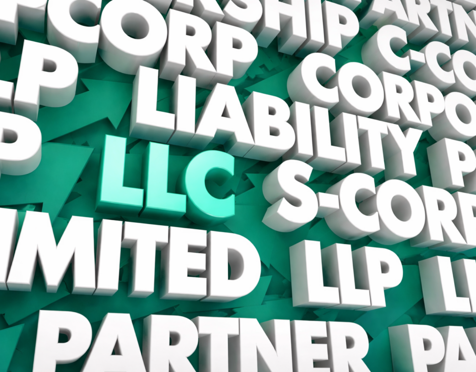 image of words of different business entity types with LLC highlighted in teal
