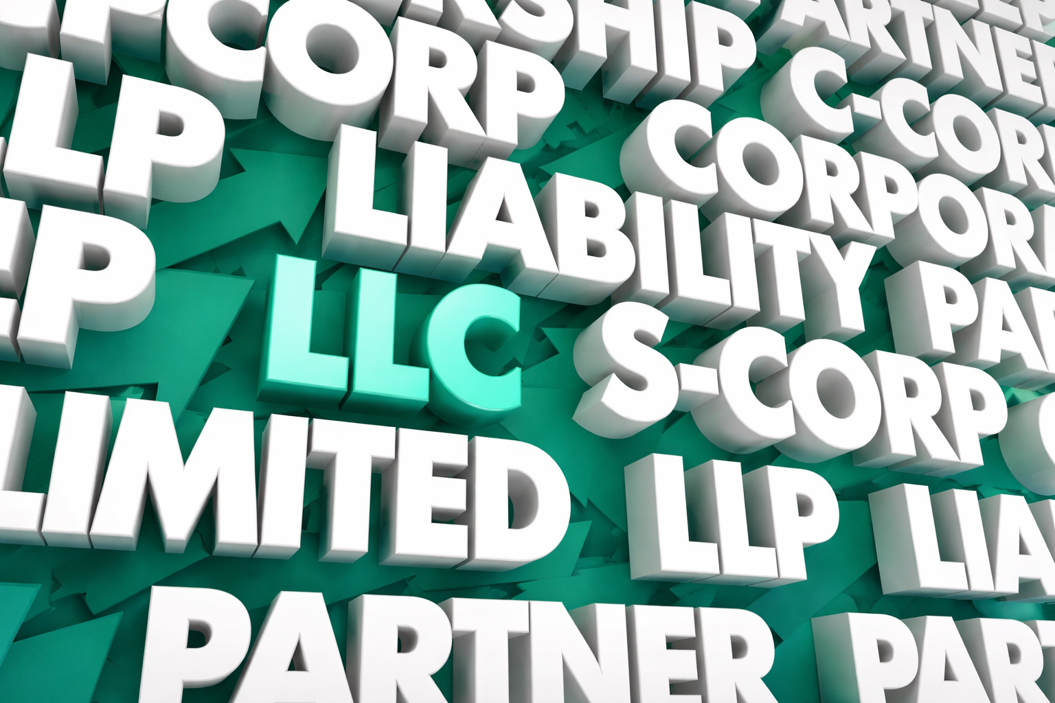 image of words of different business entity types with LLC highlighted in teal