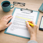 image of desktop; woman's hands highlighting a contract