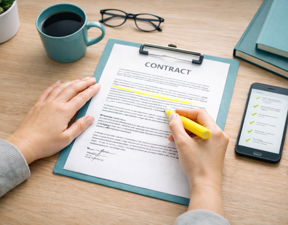 image of desktop; woman's hands highlighting a contract