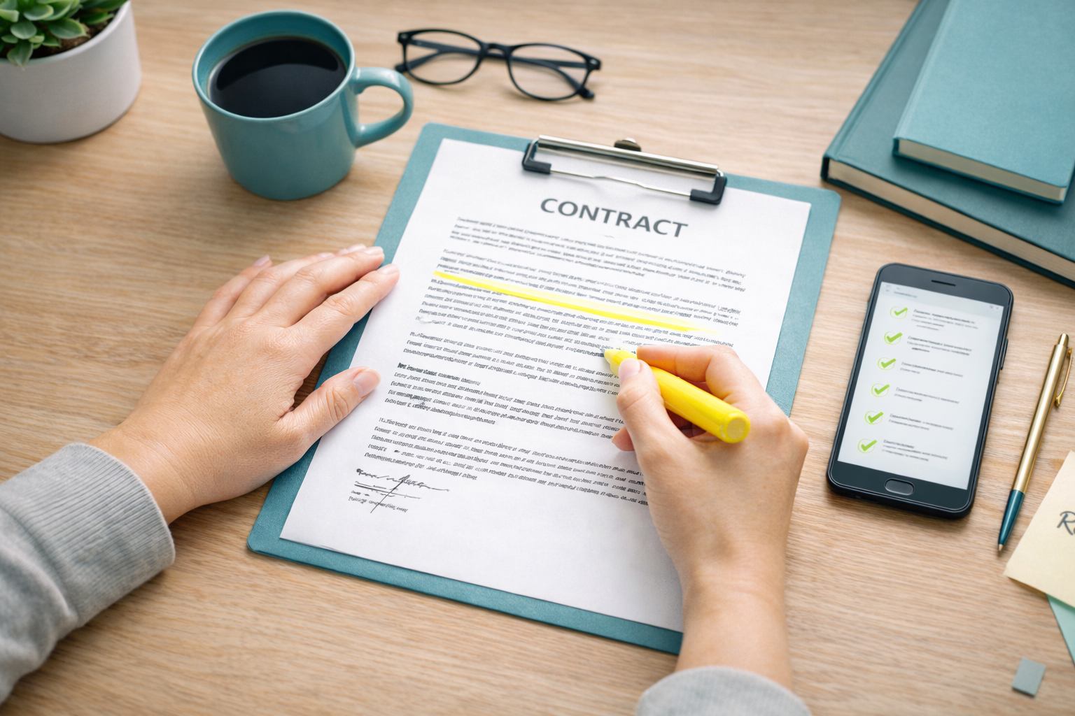 image of desktop; woman's hands highlighting a contract