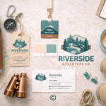 flat lay of branding elements including business card, name tag, product hang tag, business colors