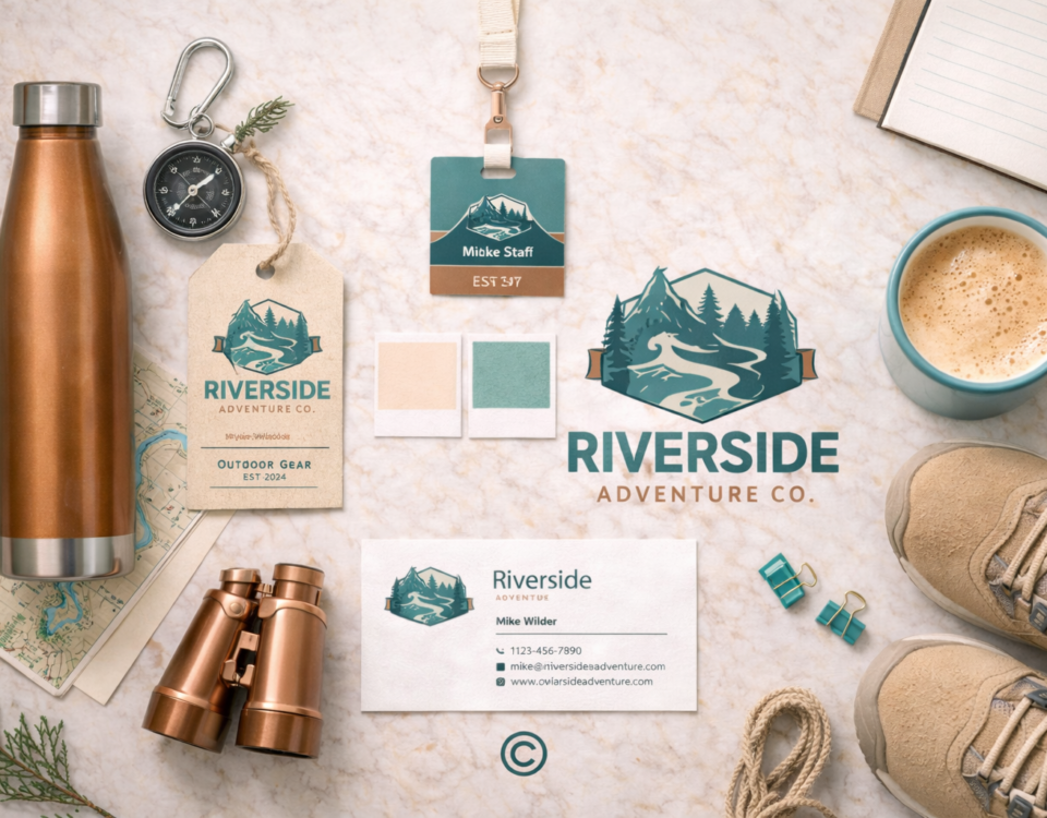 flat lay of branding elements including business card, name tag, product hang tag, business colors
