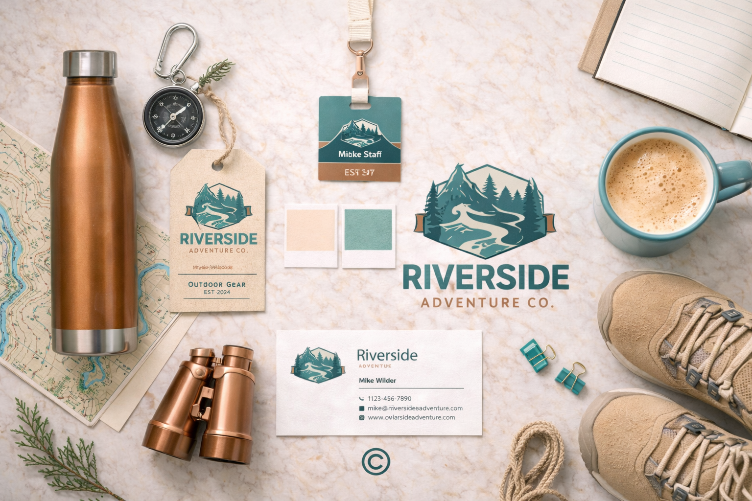 flat lay of branding elements including business card, name tag, product hang tag, business colors