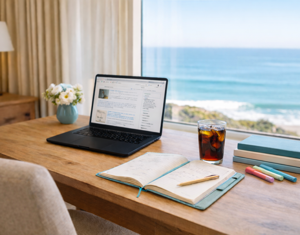 image of desktop with open laptop, notebook, glass of soda, in front of a window overlooking the ocean