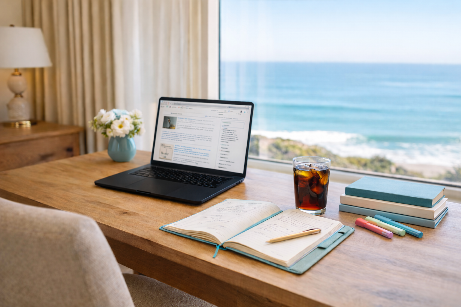 image of desktop with open laptop, notebook, glass of soda, in front of a window overlooking the ocean